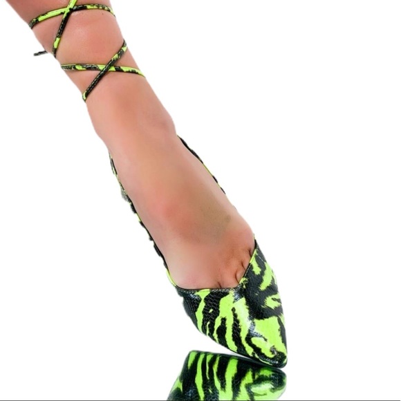Animal Print Vegan Leather Neon Lime Green Pumps - Picture 3 of 7